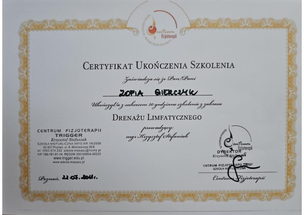 Certyfikat Zofii Gierczyk-Okrasińskiej – Drenaż limfatyczny | Fizjomanufaktura Poznań