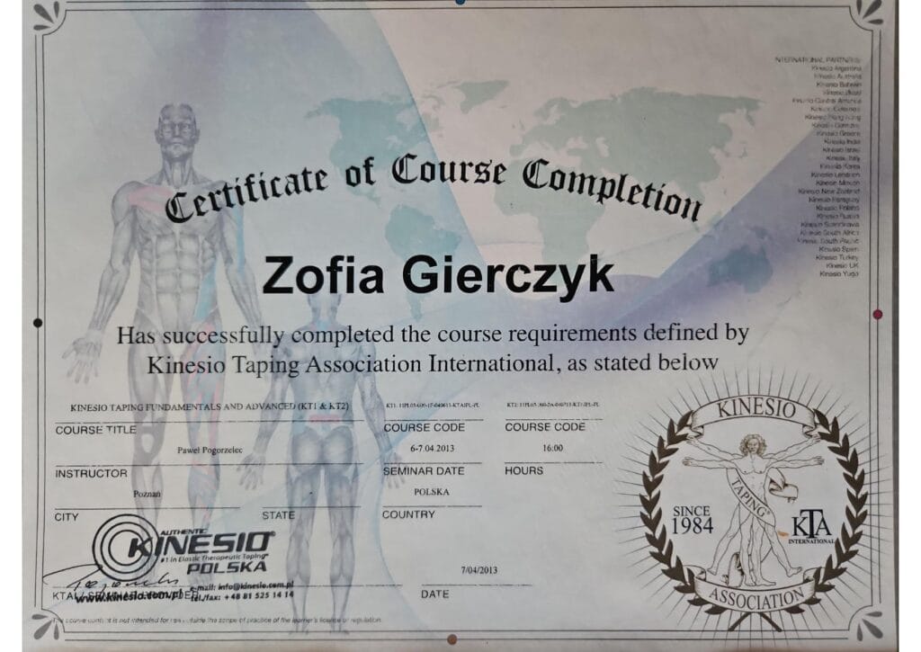 Certyfikat Zofii Gierczyk-Okrasińskiej – Kinesio Taping Fundamentals & Advanced KT1 i KT2 | Fizjomanufaktura Poznań