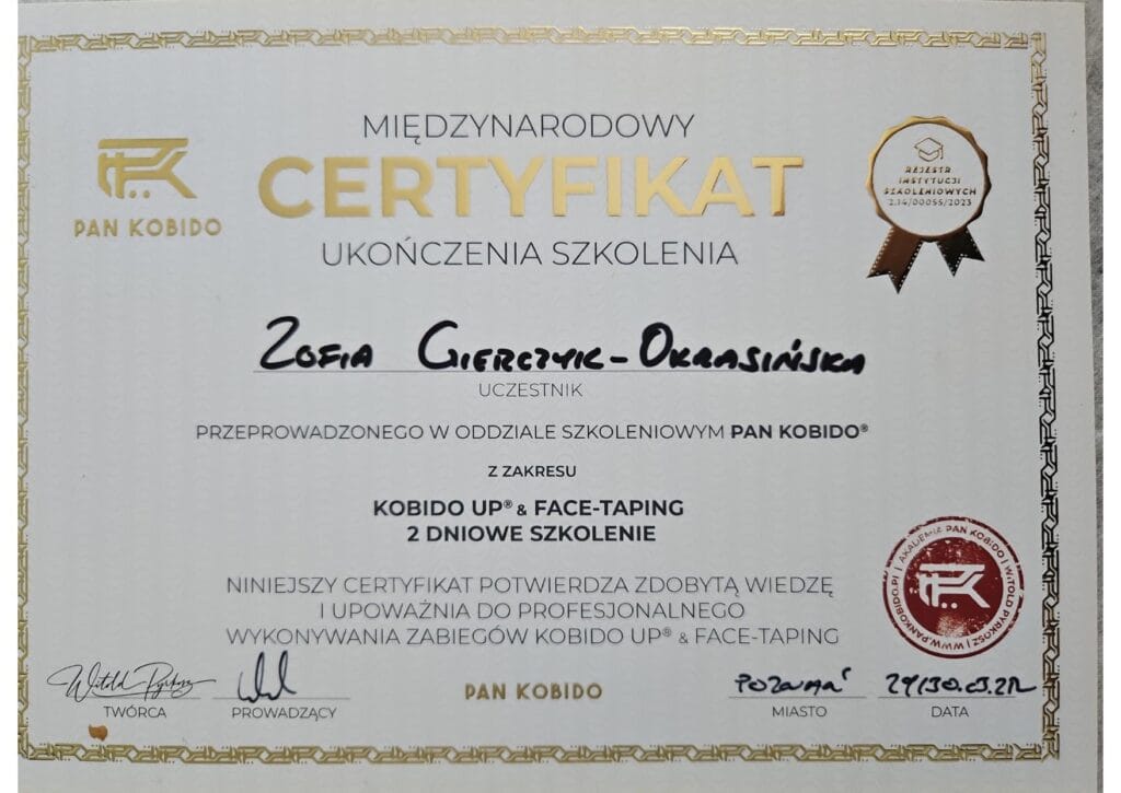 Certyfikat Zofii Gierczyk-Okrasińskiej – Kobido Up & Face-Taping | Fizjomanufaktura Poznań
