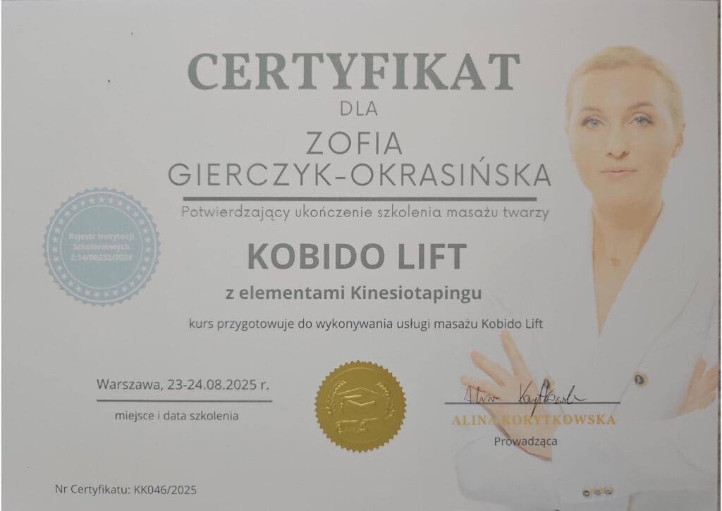 Certyfikat Zofii Gierczyk-Okrasińskiej – Masaż Kobido Lift z elementami kinesiotapingu | Fizjomanufaktura Poznań