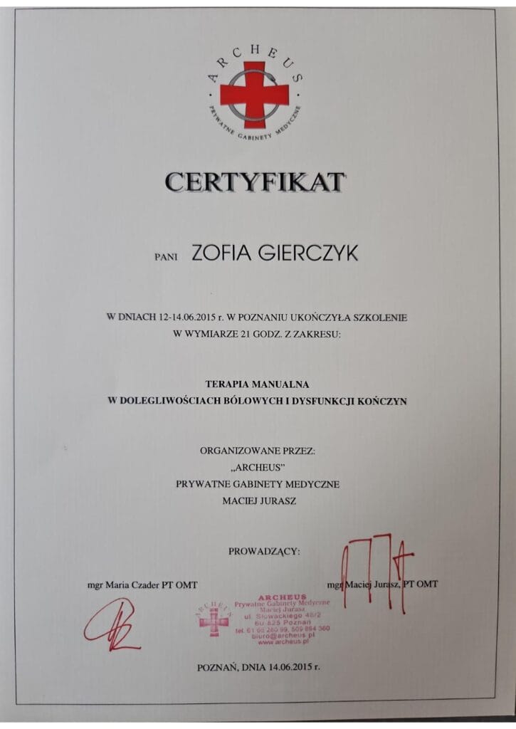 Certyfikat Zofii Gierczyk-Okrasińskiej – Terapia manualna w dolegliwościach bólowych i dysfunkcji kończyn | Fizjomanufaktura Poznań