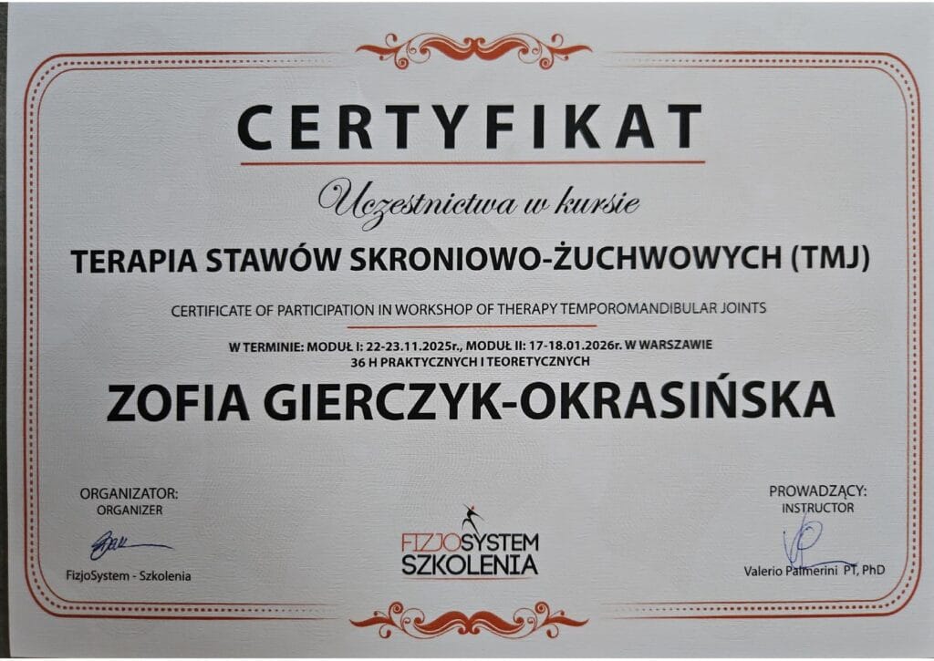 Certyfikat Zofii Gierczyk-Okrasińskiej – Terapia stawów skroniowo-żuchwowych TMJ | Fizjomanufaktura Poznań