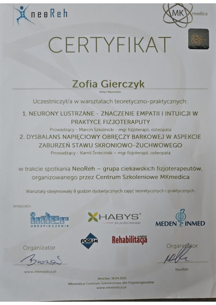 Certyfikat Zofii Gierczyk-Okrasińskiej – warsztaty: staw skroniowo-żuchwowy i obręcz barkowa (NeoReh) | Fizjomanufaktura Poznań