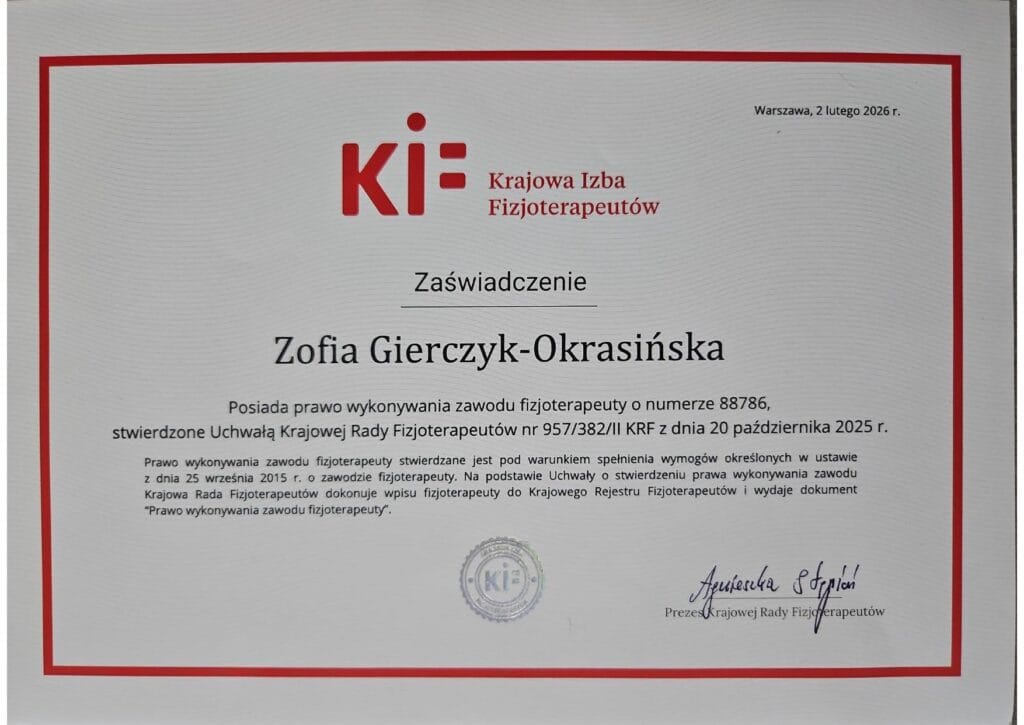 Zaświadczenie Zofii Gierczyk-Okrasińskiej – prawo wykonywania zawodu fizjoterapeuty (Krajowa Izba Fizjoterapeutów) | Fizjomanufaktura Poznań